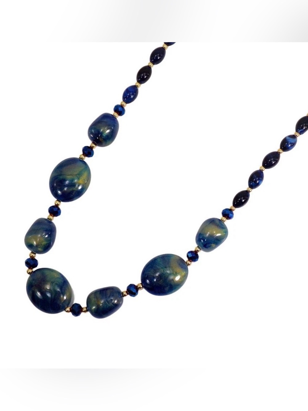 Blue Gold Beaded Necklace Stone Look Acrylic Organic Statement Handmade New